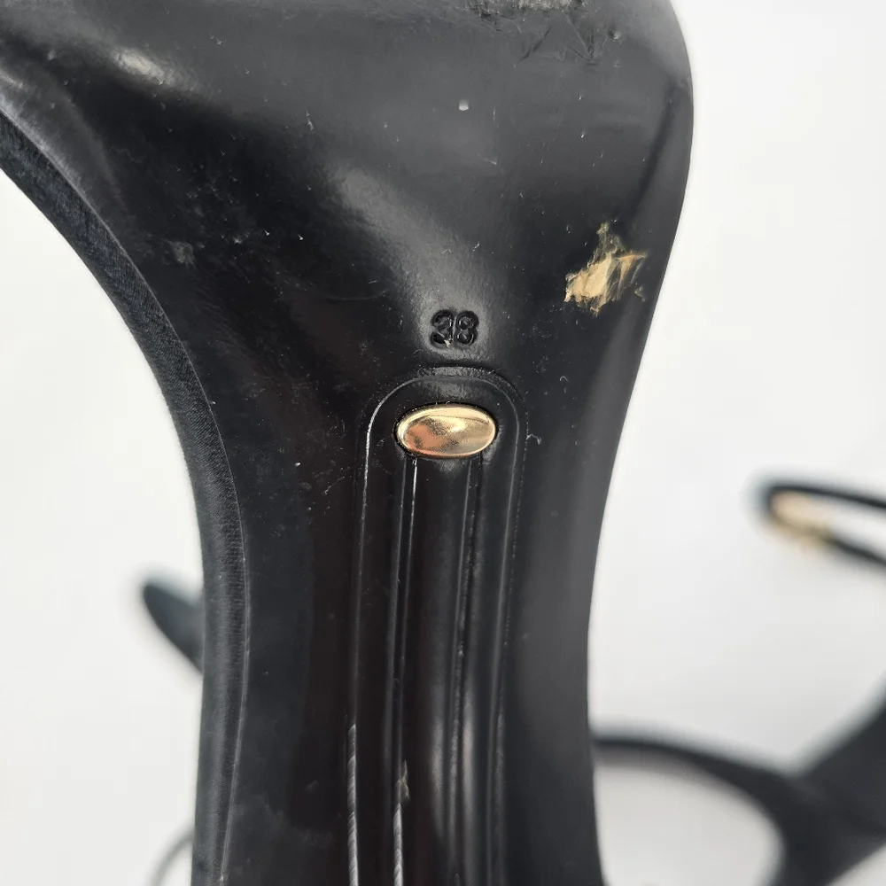 Stella Luna Black Satin Strappy Black Sandals Gold Bow Size 38